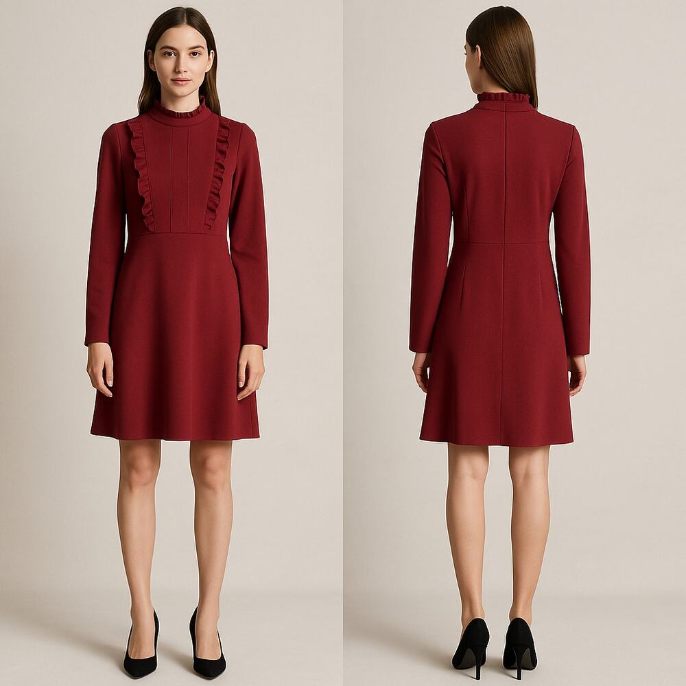 Sharagano Red Ruffle Front Mock Neck Dress Women’s 8 Long Sleeve Knee Length